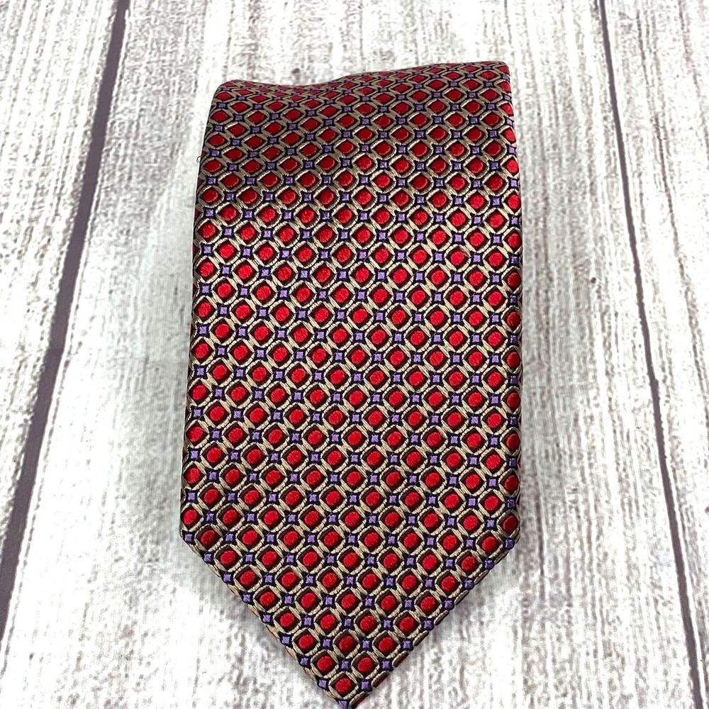Robert Talbot Red Gold Purple Geometric 100% Silk Men's Necktie 3.5 x 60"
